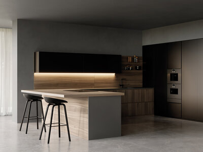 Dynamický světelný design WAVE vytváří působivé vizuální efekty a probouzí smysl pro estetiku. moderní kuchyňský kout s LED osvětlením