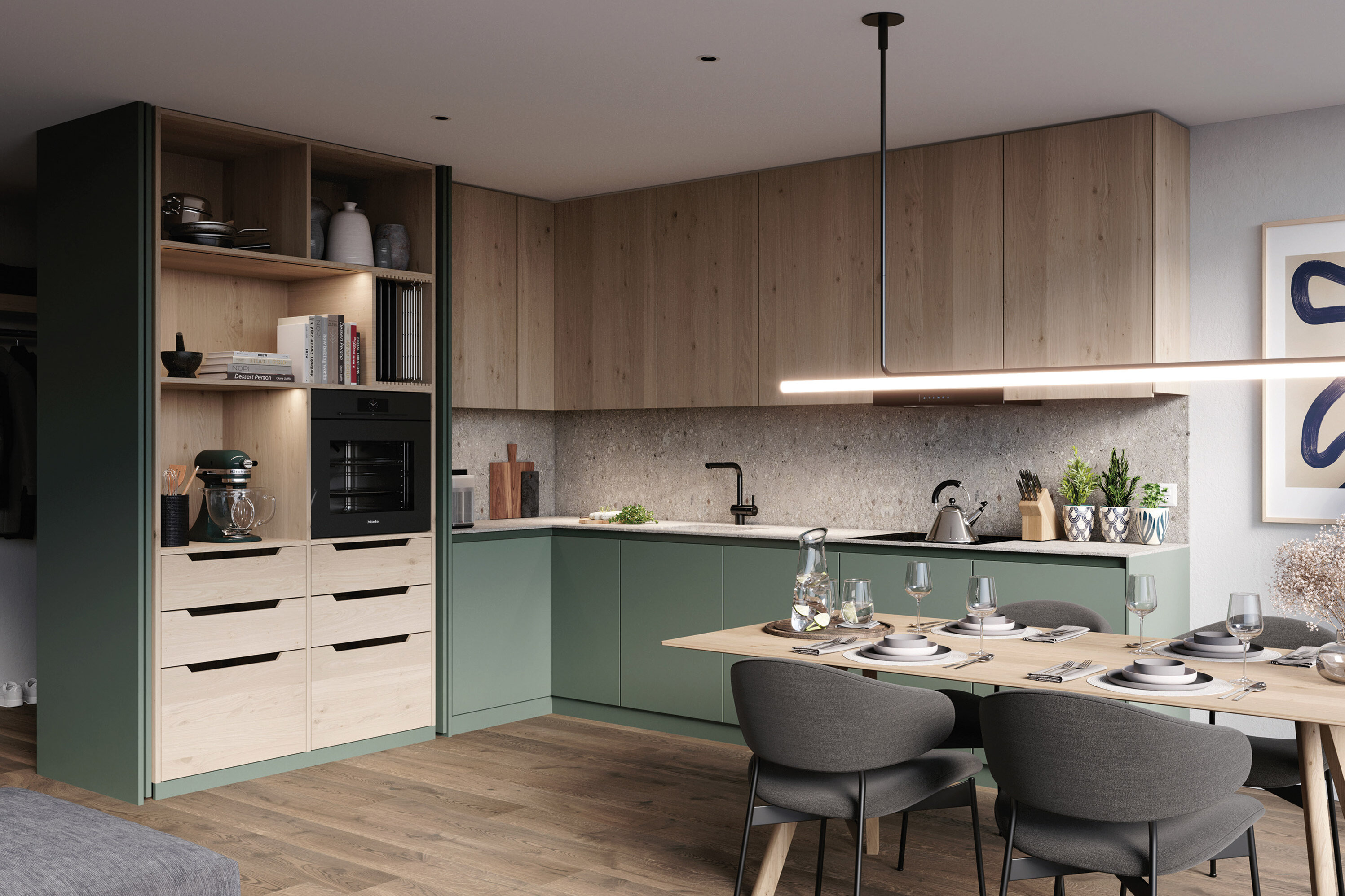 pohled do rohové kuchyně s otevřenou kuchyňskou skříní