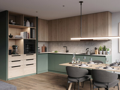 Prostřednictvím systému Hawa Concepta III lze dobře integrovat úložné prostory nebo pracovní plochy do obytných prostor. pohled do rohové kuchyně s otevřenou kuchyňskou skříní